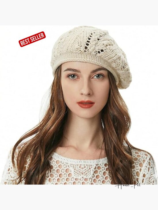 Crochet Beret Hat Handmade Floral Cutout Beanie Slouchy main image 5